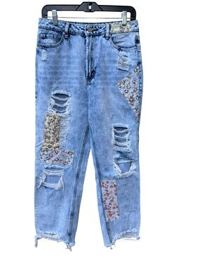 Light Blue Floral Patchwork High Rise Straight Jeans